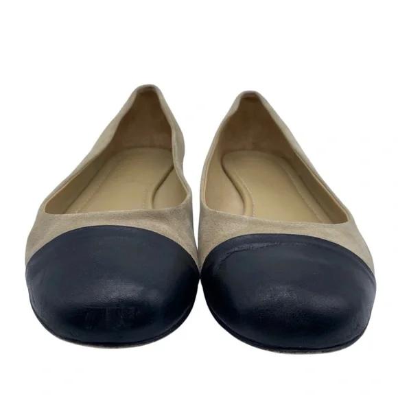 Garnet Hill Womens Shoes Leather Flats Sz 8 Tan Black Suede Cap Toe Italy Chic - Picture 6 of 11